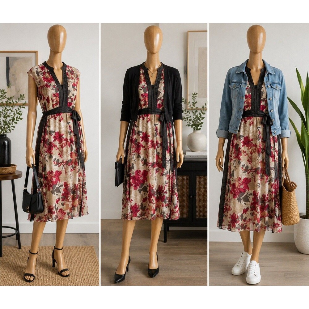 Willi Smith Floral  Wrap Dress M V-Neck Stretch Multicolor Tie Waist Cap Sleeve